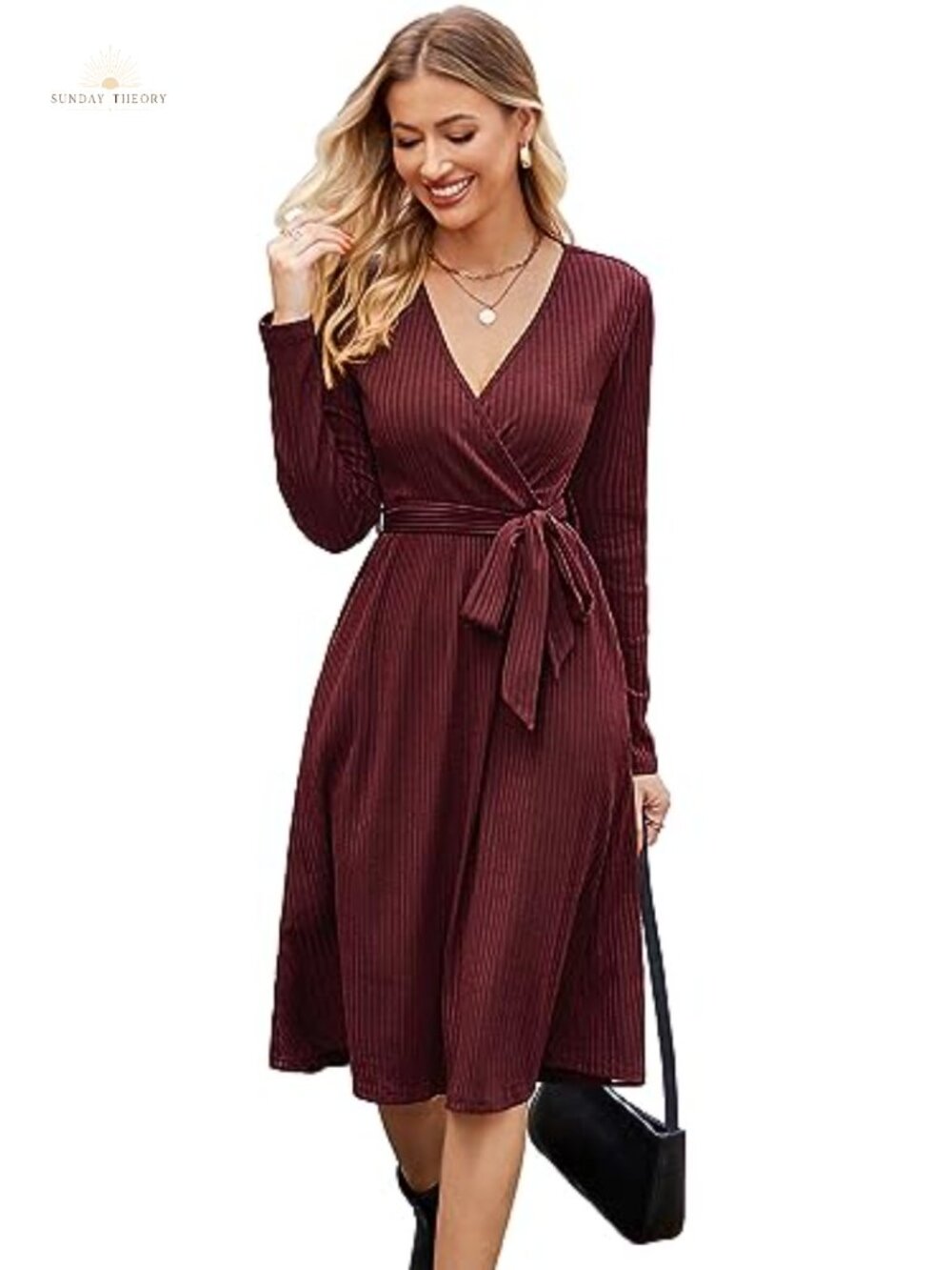 Newshows Women's Ribbed Knit Sweater Dress V-Neck Long Sleeve Belted Midi